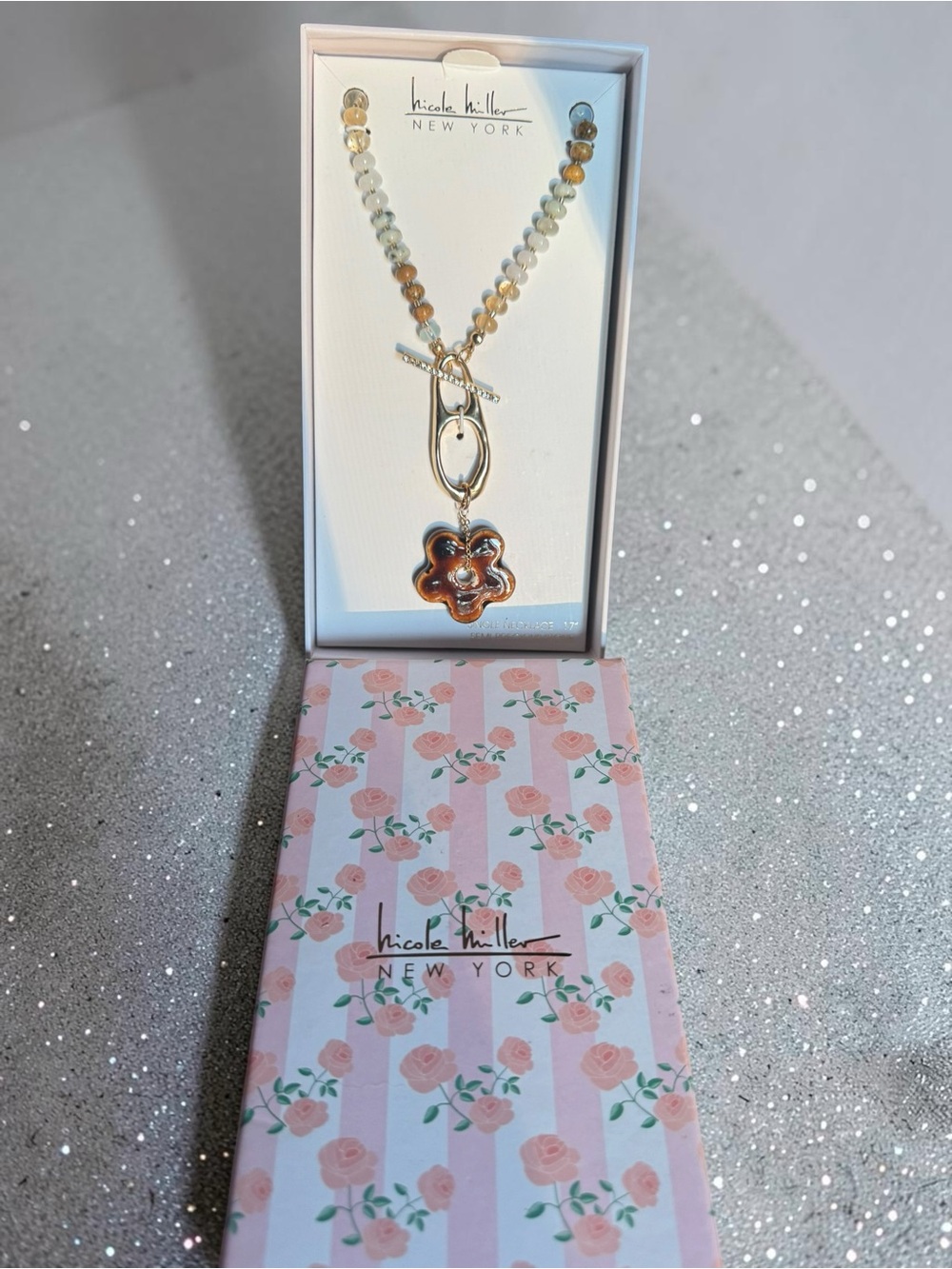 Nicole Miller Gold and Brown Flower Pendant Beaded Necklace NIB